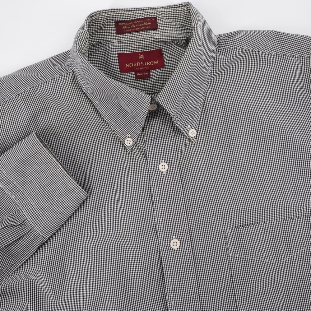 Nordstrom Gingham Broadcloth Button Down Black Long Sleeve Mens 16.5-34